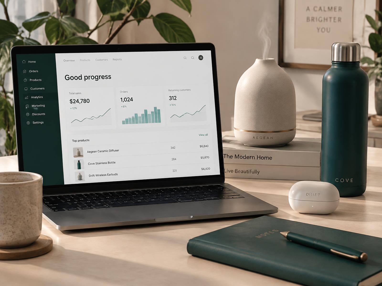 Merchant dashboard next to products sold through a FireStore AI storefront
